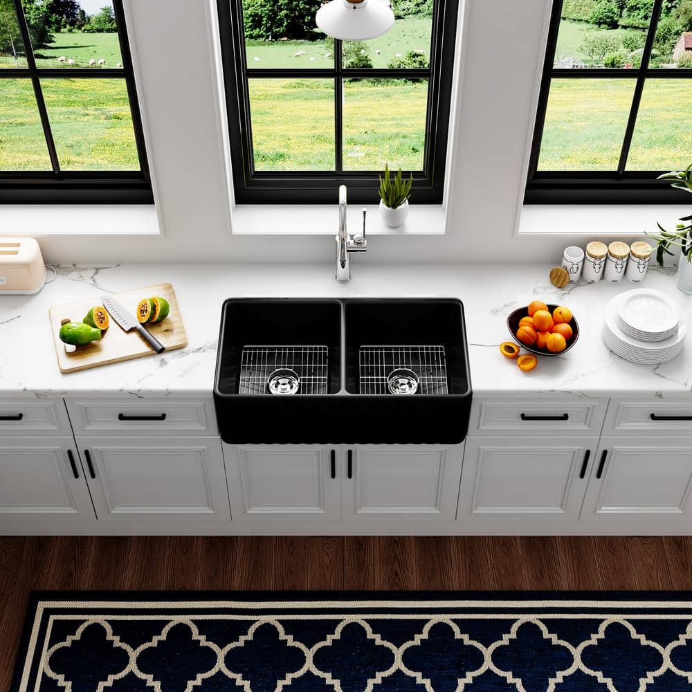 Matte Black Double Basin Fireclay Farmhouse Sink with Drainboard