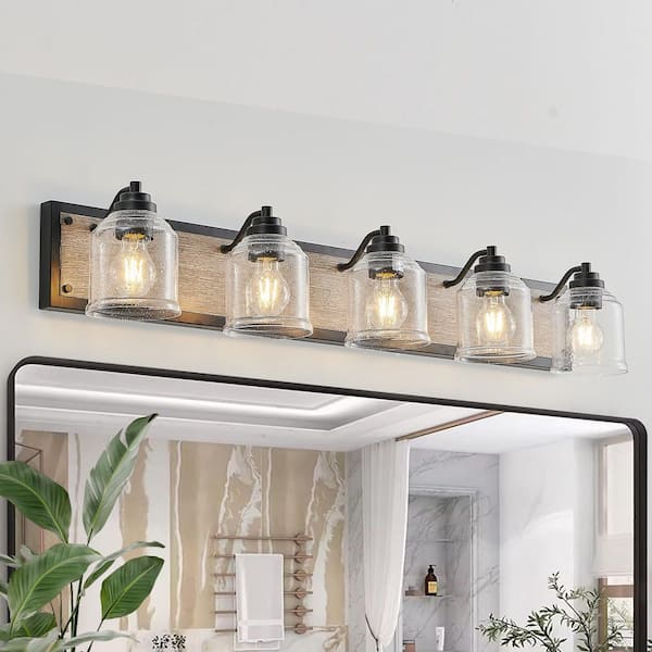 40 in. W 5-Light Vanity Light Fixture for Bathroom Black Wall Sconce with Seeded Glass Shades, E26, No Bulbs Included