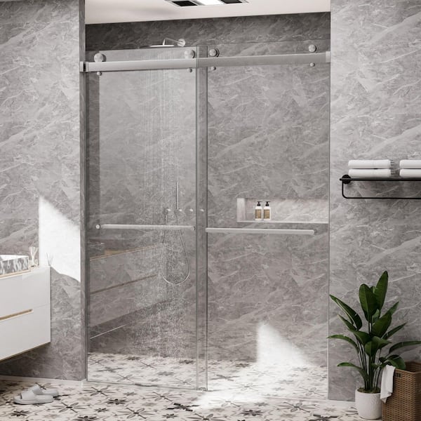60 in. W x 80 in. H Double Sliding Frameless Shower Door in Brushed Nickel with Smooth Sliding and 3/8 in. Clear Glass
