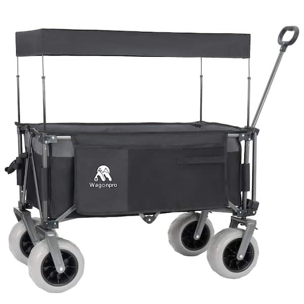 4.3 cu. ft. Steel Garden Cart with Flexible Handle & Canopy,9"x4" Beach Tires in Black Gray