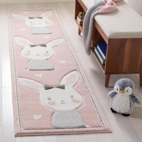 Carousel Kids 2 ft. x 10 ft. Pink/Ivory Border Solid Color Runner Rug