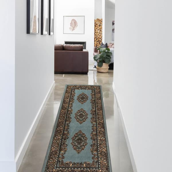 Aviva Blue/Green 2 ft. 7 in. x 8 ft. Non-Slip Traditional Floral Medallion Nylon Area Rug