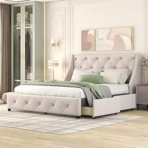 Beige Wood Frame Queen Size Linen Fabric Upholstered Platform Bed with Wingback Tufted Headboard and 4 Drawers