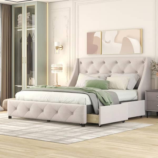 Harper & Bright Designs Beige Wood Frame Queen Size Linen Fabric Upholstered Platform Bed with Wingback Tufted Headboard and 4 Drawers