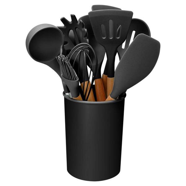 11Pcs Silicone Cooking Utensil Set Wooden Handle Heat Resistant with Holder in Black