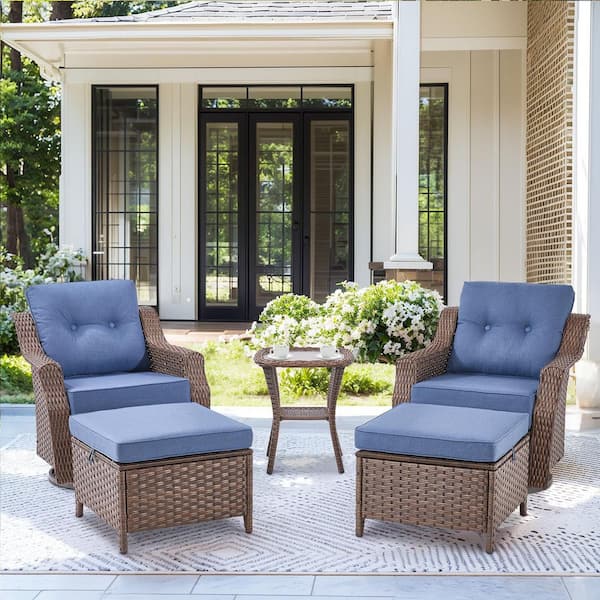 moosprr Modern Farmhouse 5-Piece Brown PE Wicker Patio Conversation Set with 6 in. Olefin Blue Cushions/Ottomans
