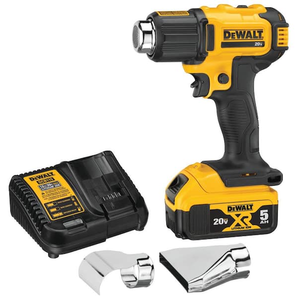 DEWALT 20V MAX Cordless Compact Heat Gun, Flat and Hook Nozzle Attachments with (1) 20V 5.0Ah Battery and Charger