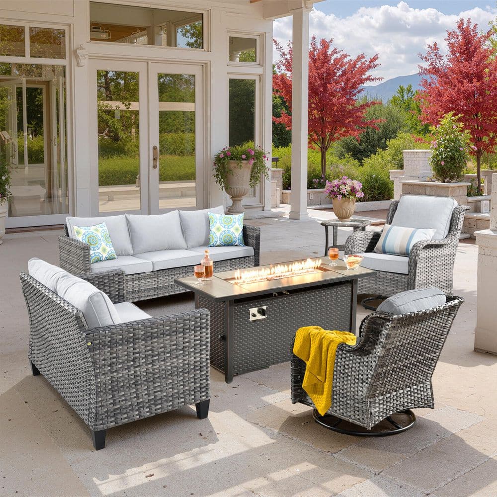 Muse 6-Pieces Wicker Outdoor Patio 54 in. Rectangular Fire Pit Set and Swivel Rocking Chairs with Gray Cushions price history on PriceWatchPro