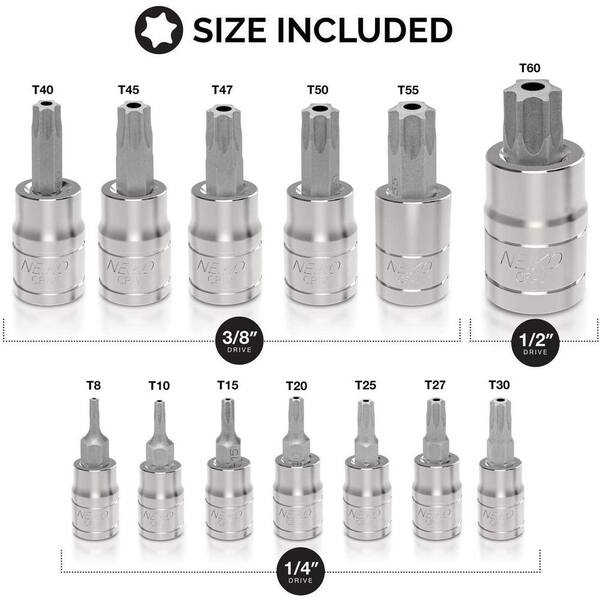 WORKPRO 13PC Torx Bit Socket Set 1/4 3/8 1/2 Drive T8-T60 Chrome