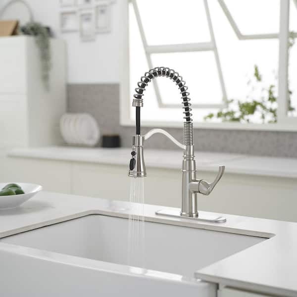 Single Handle 19.01 in Pull Down Sprayer Kitchen Faucet, Kitchen Faucet with 360 Degree Spout Swivel in Brushed Nickel