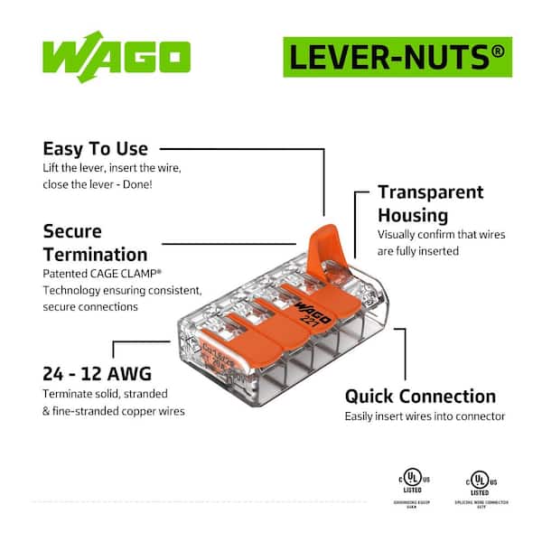 WAGO 221 Series Lever-Nuts 5-Conductor Wire Splicing Connector, 24