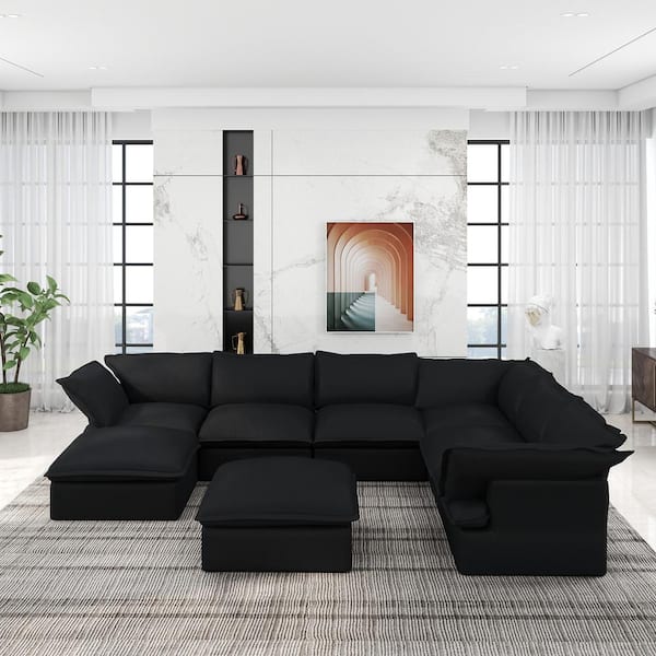 163 in. Flared Arm 8-Piece Linen U-Shaped Overstuffed Deep Seat Cloud Sectional Sofa in Black with Storage Ottomans
