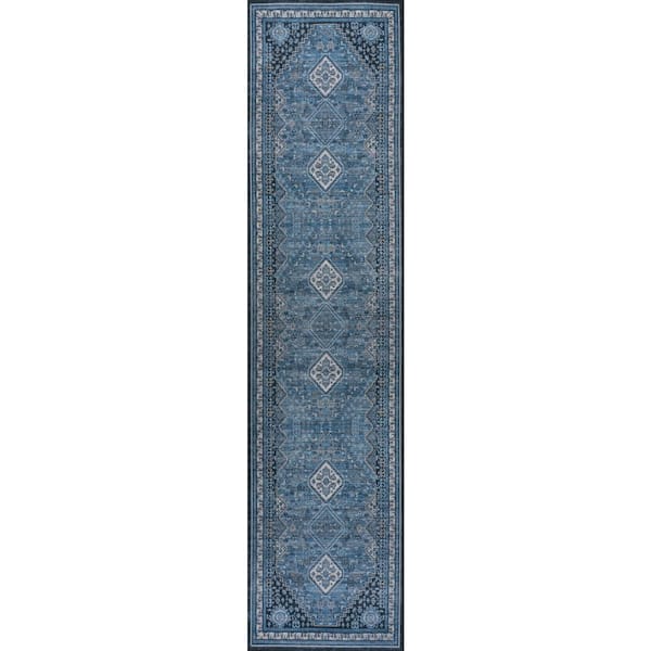 Dalyan Geometric Medallions Machine-Washable Blue/Gray 2 ft. x 8 ft. Runner Rug