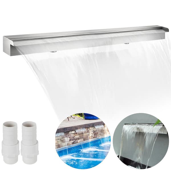 SKYSHALO Pool Fountain Stainless Steel Pool Waterfall Spillway with Pipe Connector Rectangular Garden Outdoor (59.1 in.)
