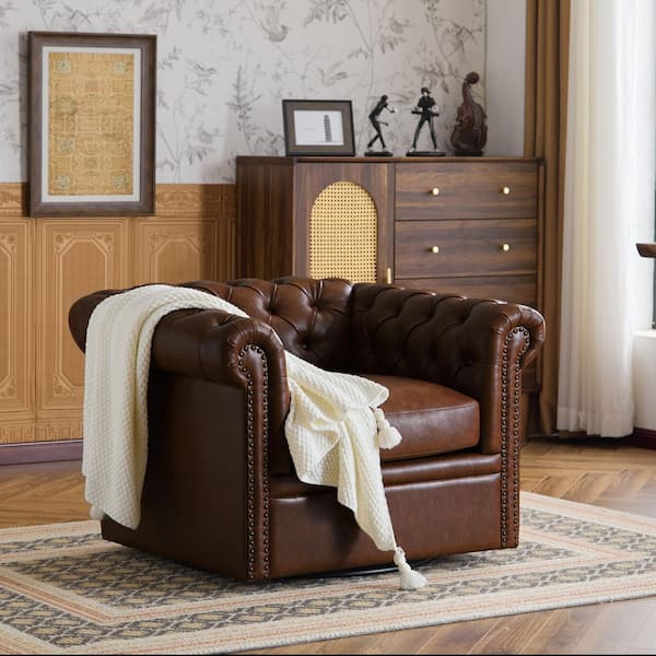 Bentar Faux Leather Upholstered Tufted Chesterfield 360° Swivel Club Chair with Nailhead Trim, Dark Brown