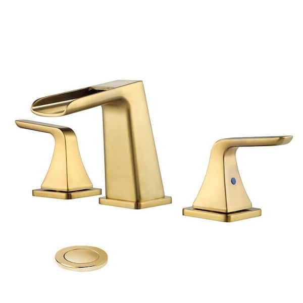 Aurora Decor Pome 8 in. Widespread Double Handle Waterfall Spout Bathroom Faucet with Drain kit Included in Brushed Gold