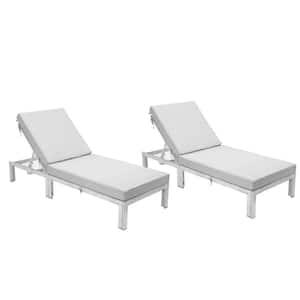 Chelsea Weathered Grey Aluminum Outdoor Patio Chaise Lounge Chair with Side Table and Light Grey Cushions Set of 2