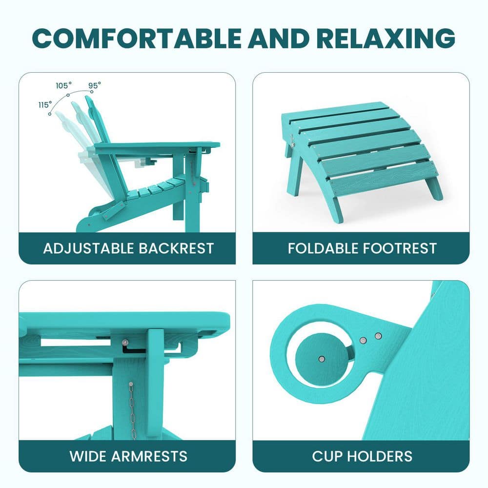 Feature highlights of the Tiffany Blue patio set showing adjustable backrest, foldable footrest, wide armrests, and cup holders.