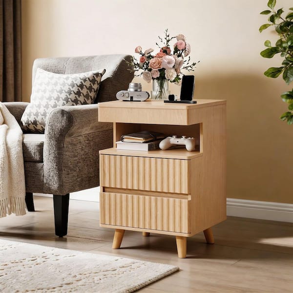 Licio Oak 2-Drawer Nightstand with Charging Station, 2-Drawers and Open Shelf