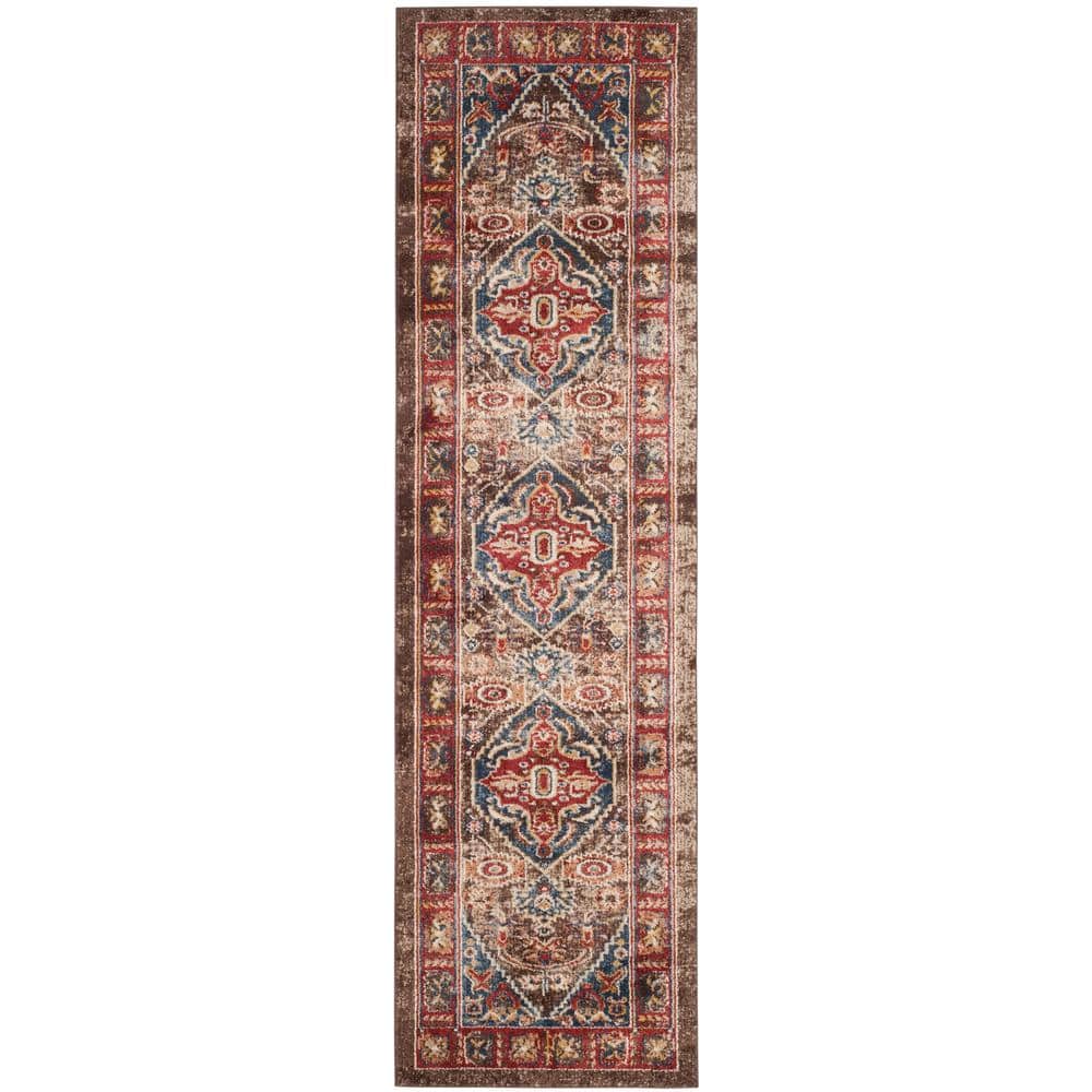Persian Style Brown and Blue Synthetic Runner Rug