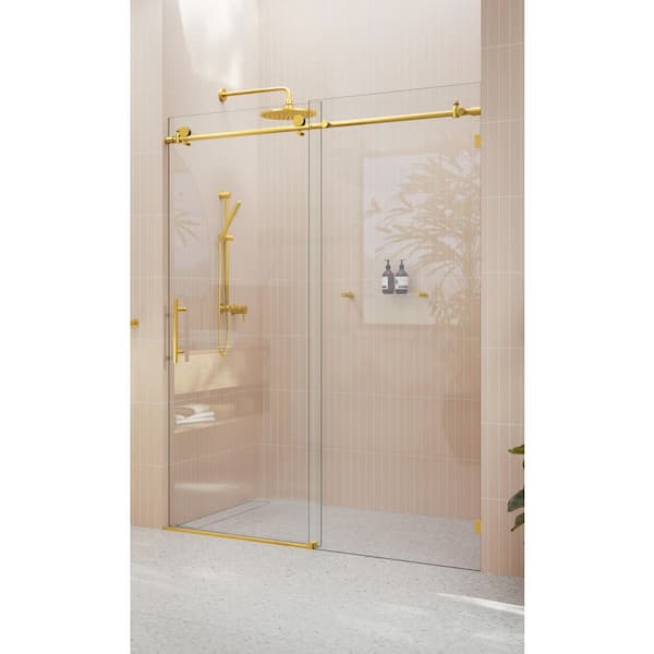 64 in. W x 78 in. H Sliding Frameless Shower Door in Satin Brass