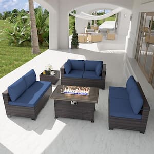 8-Piece Wicker Patio Conversation Set with 55000 BTU Gas Fire Pit Table and Glass Coffee Table and Navy Blue Cushions