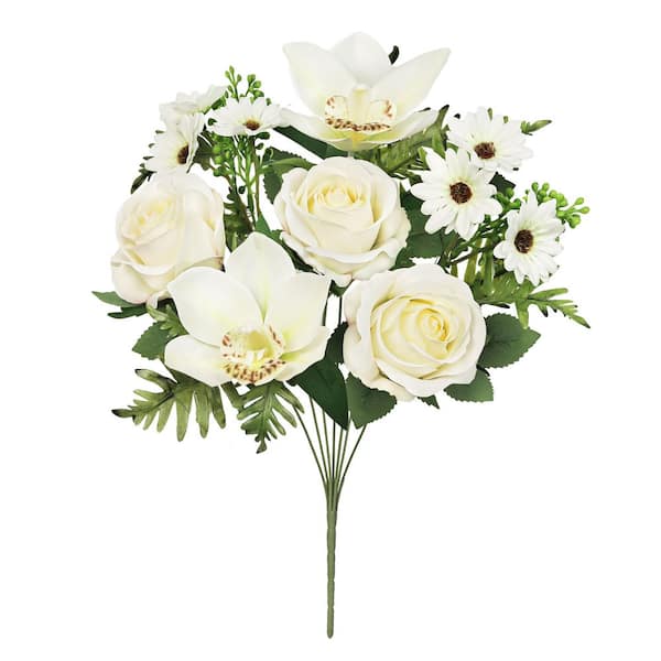 16 in. Cream White Artificial Mixed Rose Cymbidium Orchid Daisy Flower Stem Bush Bouquet (Set of 2)