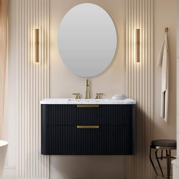 Warren 36 in. W Floating Bath Vanity in Black Oak, Engineered Stone Top in Arabescato and White Sink