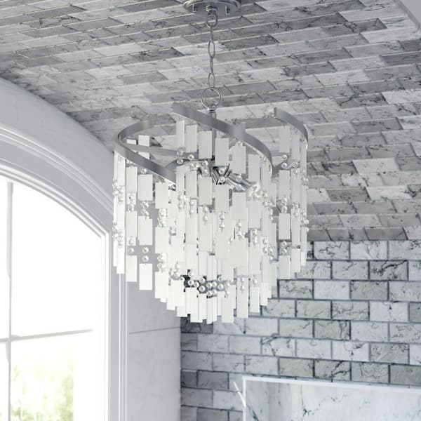 Isabel 4-Light Satin Nickel Coastal Glam Pendant Chandelier Light with Capiz Shells and Crystal