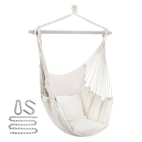 47 in. Portable Hanging Rope Hammock Chair Swing with 2 Matching Pillows in Cream White