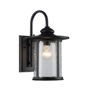 Charlton 9 in. 1-Light Transitional Textured Black Outdoor Wall Lantern Sconce with Clear Seeded Cylinder Glass Shade