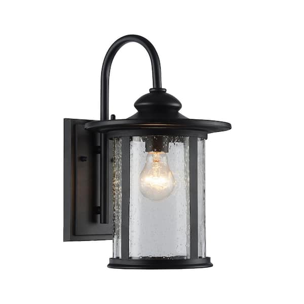 Edvivi Charlton 9 in. 1-Light Transitional Textured Black Outdoor Wall Lantern Sconce with Clear Seeded Cylinder Glass Shade