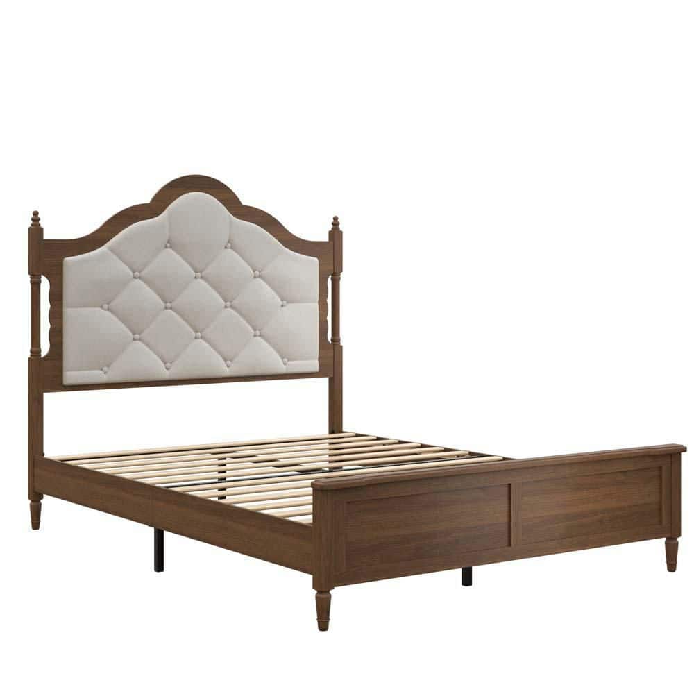 Vintage Mid Century Bed Brown Frame Full Size Platform Bed with Upholstered Headboard, Panel Foot Board