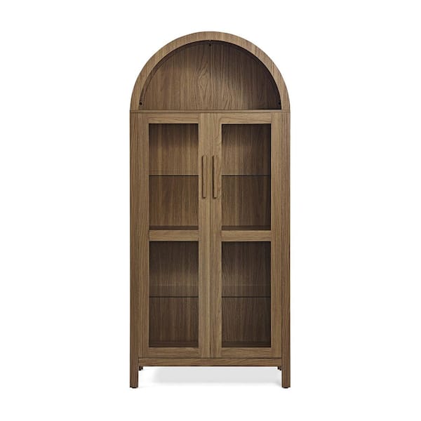 Brown Wood Pantry Organizer, Arched Storage Cabinet with a Lamp, Adjustable Glass Partitions