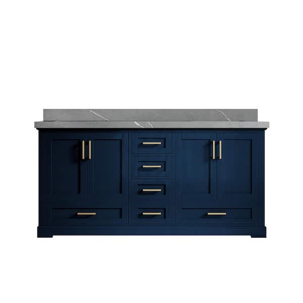 Willow Collections Boston 72 in. W x 22 in. D x 36 in. H Double Sink Bath Vanity in Navy Blue with 2" Piatra Quartz Top