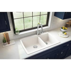 Drop-In Quartz Composite 34 in. 1-Hole 60/40 Double Bowl Kitchen Sink in White