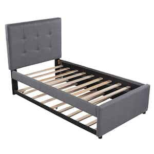 Gray Twin Size Wood Platform Bed, Linen Upholstered Platform Bed with Button Tufted Headboard and Trundle