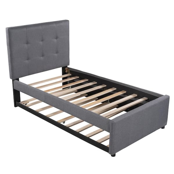 ANBAZAR Gray Twin Size Wood Platform Bed, Linen Upholstered Platform Bed with Button Tufted Headboard and Trundle
