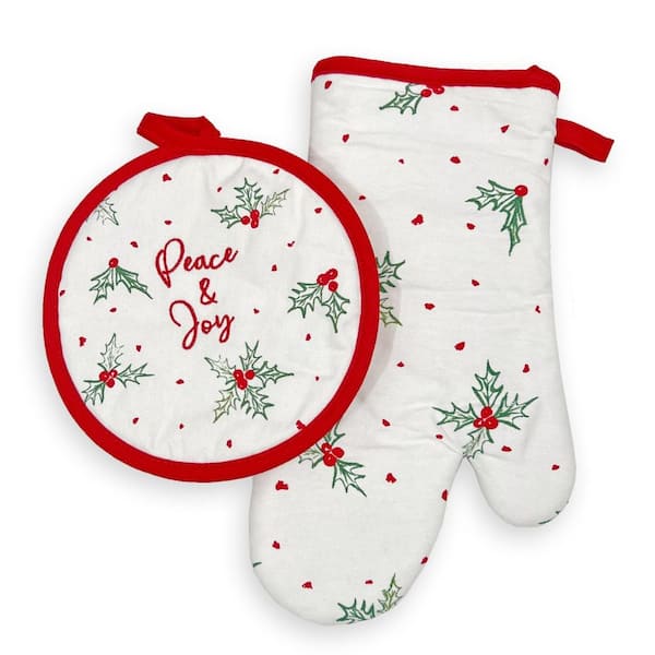 Lenox Bayberry Peace & Joy Oven Mit and Pot Holder 2 Piece Set, Multicolor - 8"W x 12.5"L