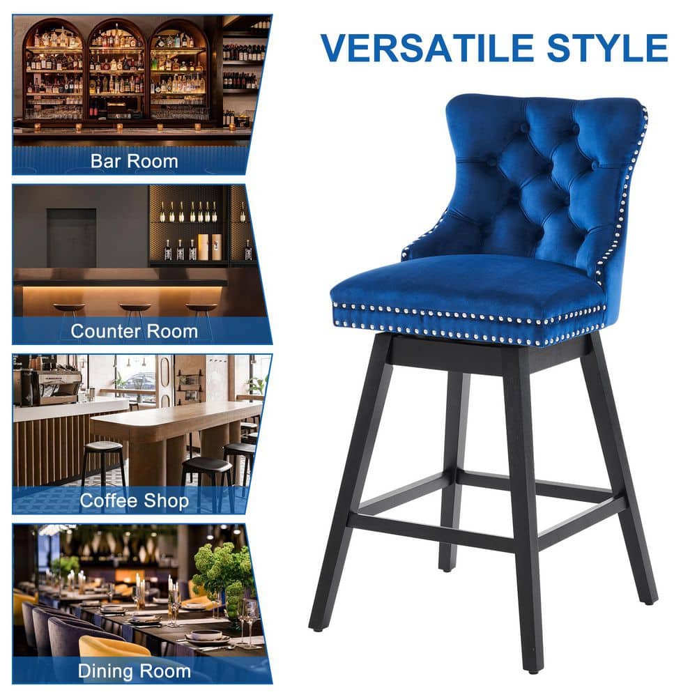 Blue Velvet Upholstered Swivel Counter Height Stools with Black Wood Legs, Set of 4