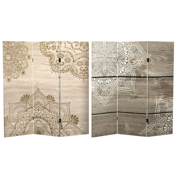 RED LANTERN 4 ft. Short Mandala on Oak Canvas 3-Panel Folding Screen