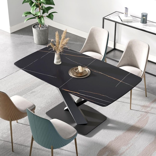 63 in. Black Pattern Rectangle Sintered Stone Top Pedestal Black Carbon Steel Base Dining Table (Seats-6)