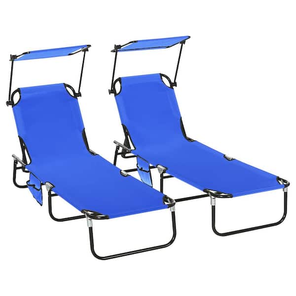 2-Piece Metal Outdoor Chaise Lounge, Outdoor Sun Tanning Chairs with Canopy Shade, Reclining Back and Side Pocket, Blue