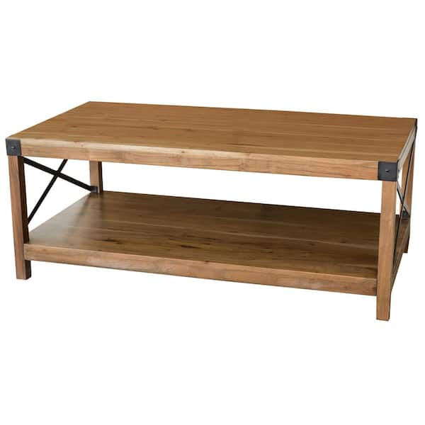 AmeriHome 46.25 in. Brown Rectangle Acacia Wood Rustic Coffee Table with Iron Corner Edges and Bottom Shelf