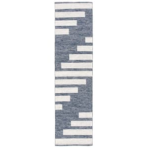 Striped Kilim Navy Ivory 2 ft. x 12 ft. Abostract Striped Runner Rug