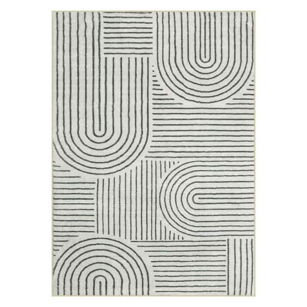 Abstract Rainbow Striped Washable Non-Slip Black 5 ft. x 7 ft. Living Room Bedroom Area Rug