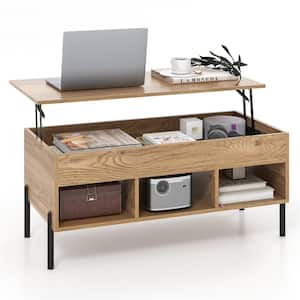 39.5 in. Natural Lift Top Rectangle Particle Board Coffee Table with Storage Compartment 3 Open Cubbies