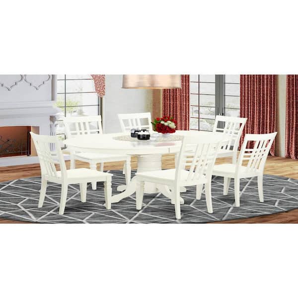 East West Furniture 7-Piece Linen White Finish Solid Wood Top Dining Table with 6 Chairs with Lattice Back
