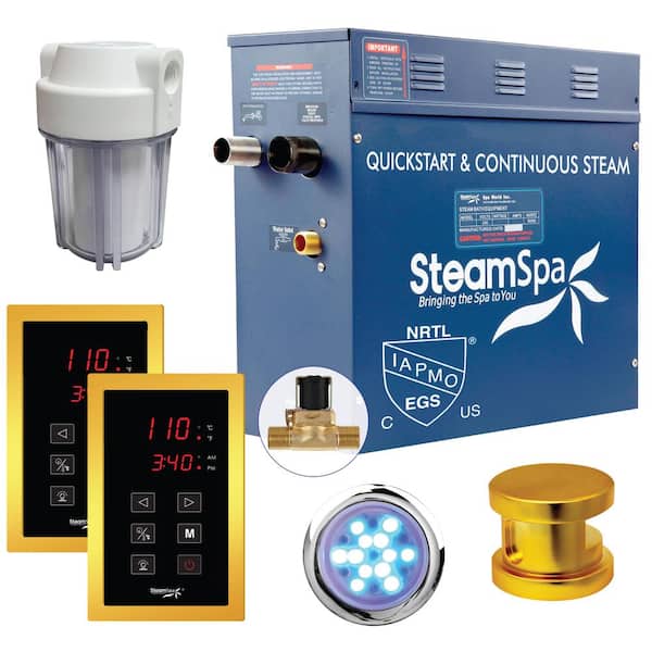 SteamSpa Royal Series 6kW Steam Bath Generator with Continuous Steam Quick Start Technology and Aroma Scent Pump in Gold