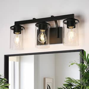 Modern Minimalist 20 in. 3-Light Black Vanity Light with Cylinder Clear Glass Shades for Powder Room and Vanity Mirror